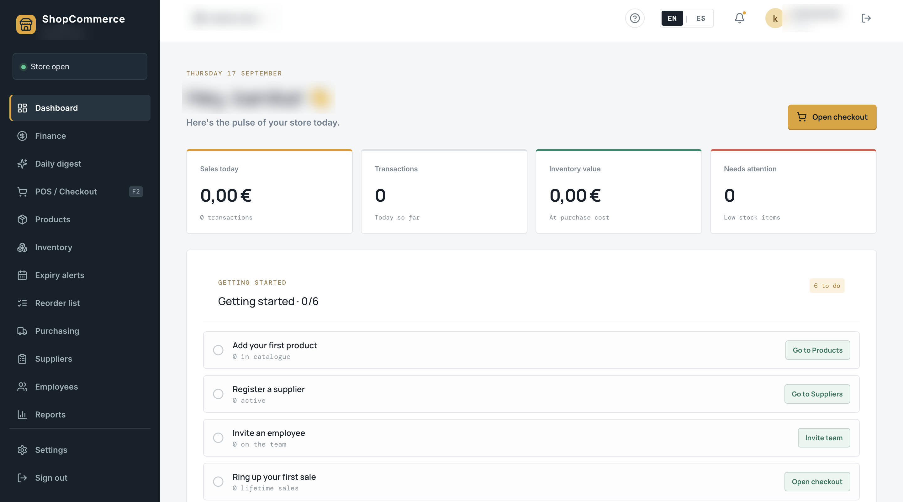 ShopCommerce dashboard showing sales, transactions, inventory value, and low stock alerts