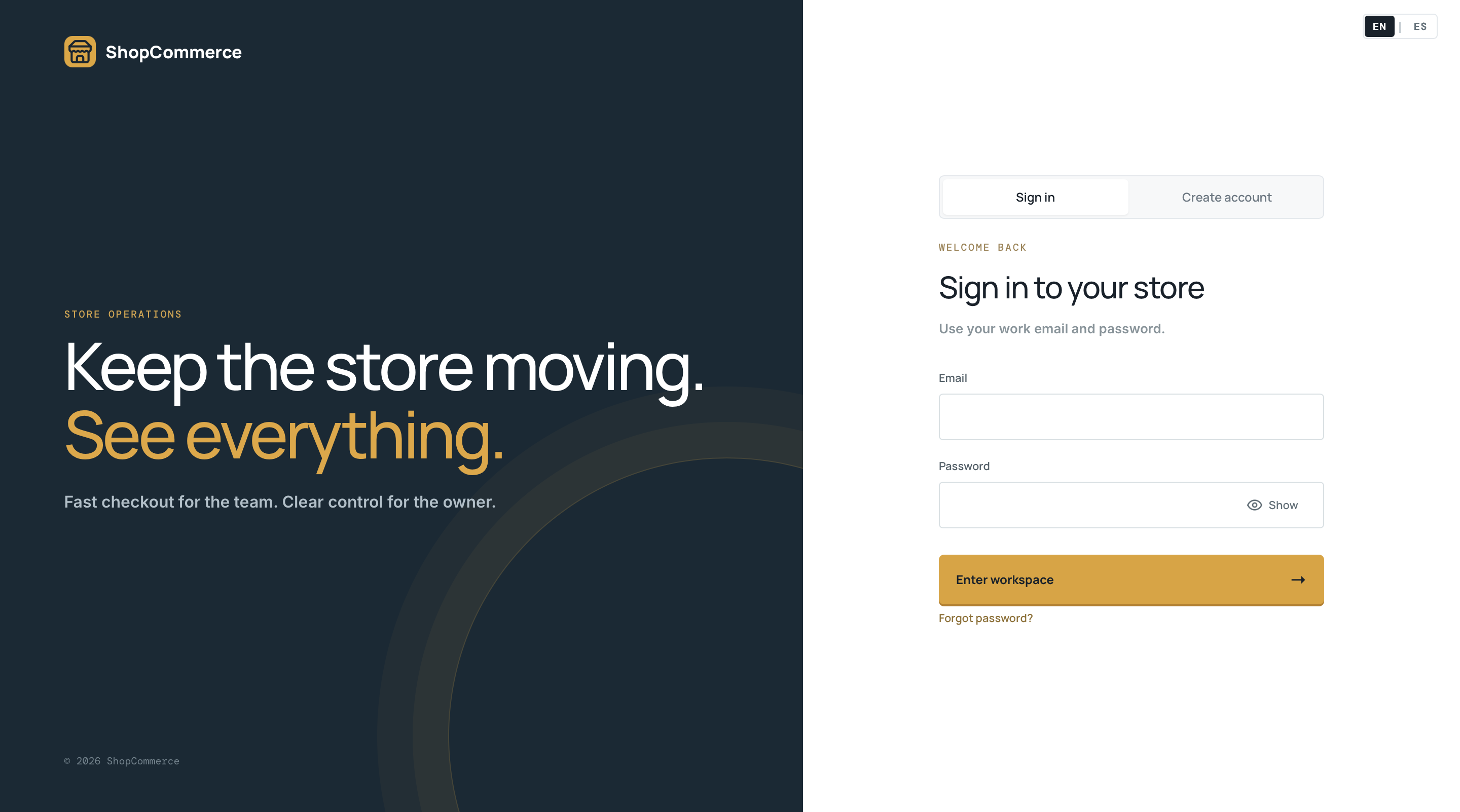 ShopCommerce sign-in screen with the tagline Keep the store moving, see everything